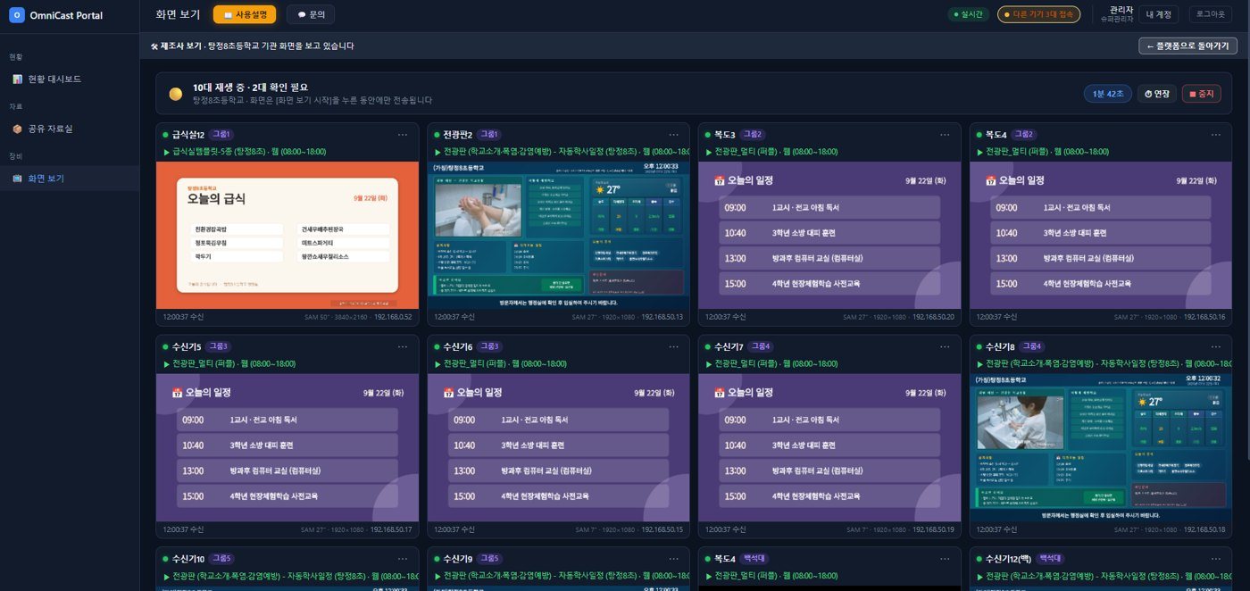 관리 화면에서 각 수신기가 지금 내보내는 실제 화면을 한눈에 보는 모습